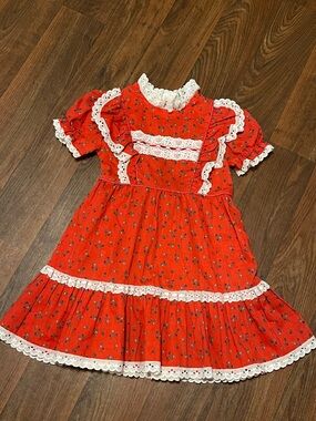 Vintage 70’s Little Girls Red Floral Lace Dress Size 6